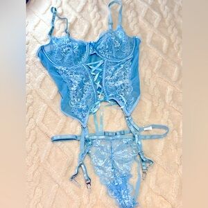 Baby Blue Lace Up Garter Underwire Lingerie Set